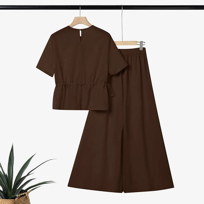 ZANZEA Fashion Women 2 Pieces Sets Summer Office Outfits Casual O Neck Short Sleeve Drawstring Blouse Pants Sets Solid Tracksuit