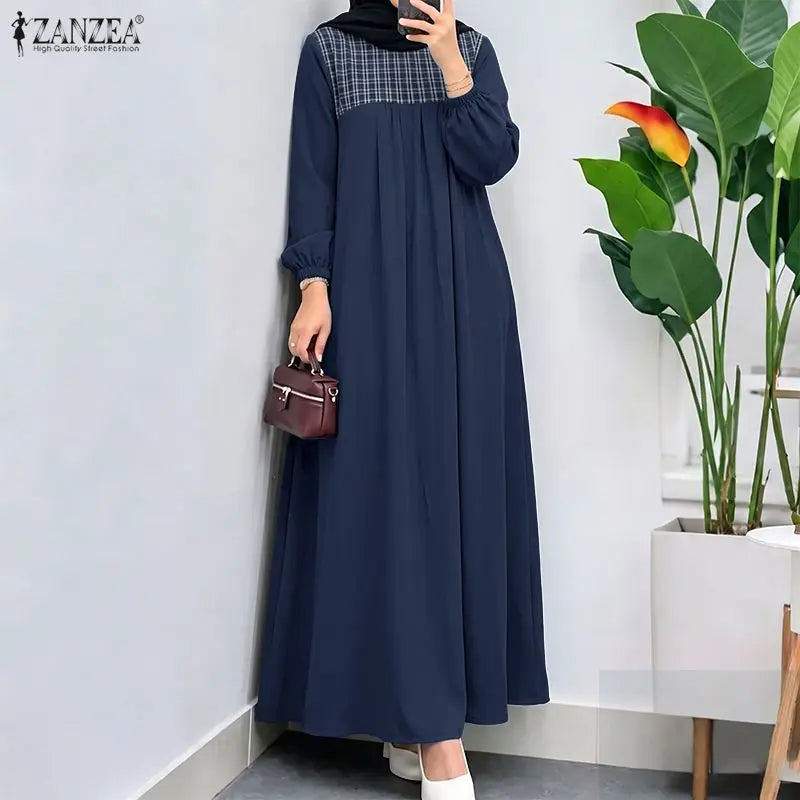 ZANZEA Elegant Muslim Abaya Dress Women Long Sleeve Plaid Patchwork Maxi Robe A-Line Loose Eid Modest Dresses Casual Kaftan 2026