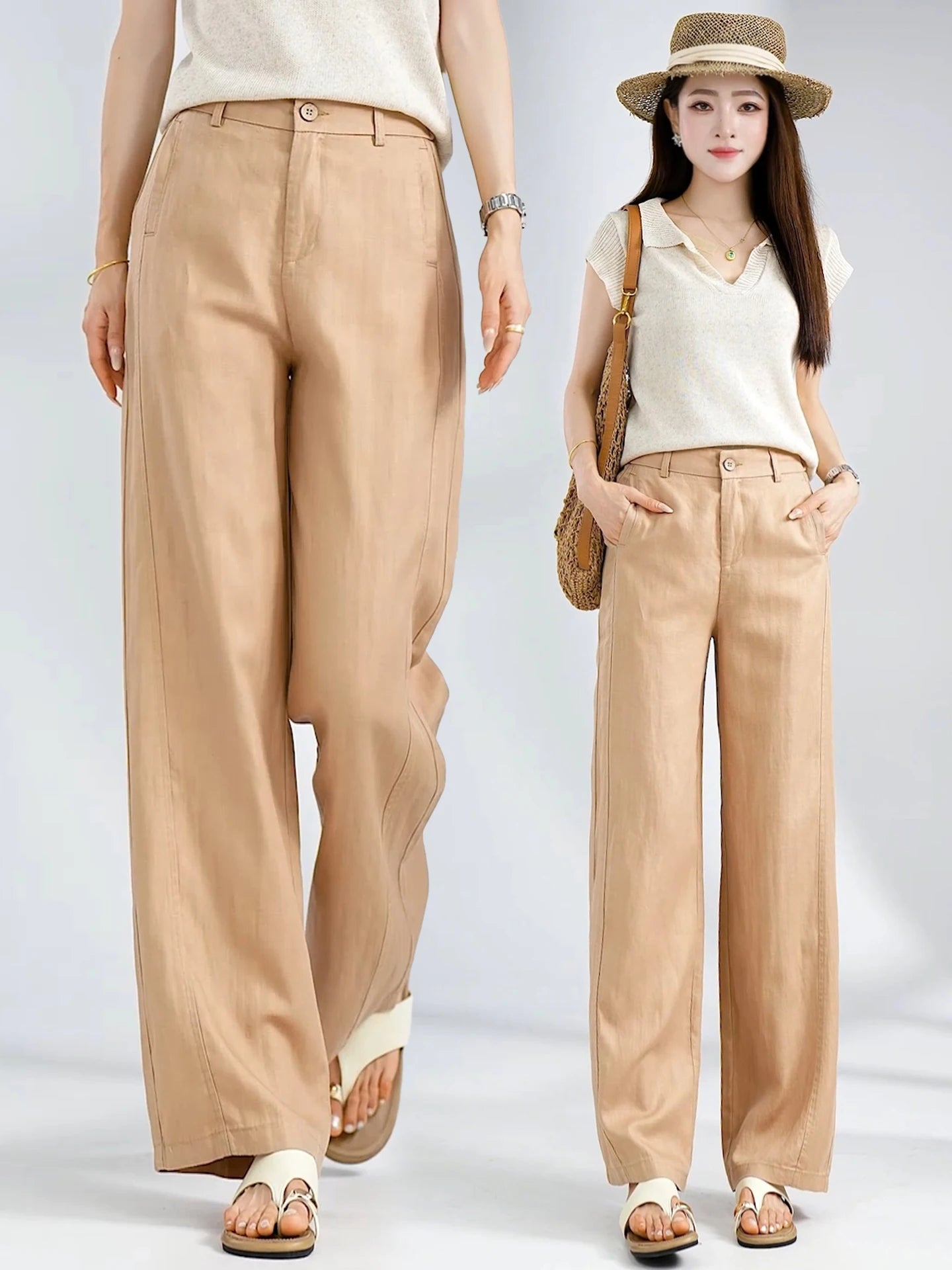 Summer Thin Linen Wide Leg Pants Women Casual Loose Drape Straight Leg  Pants High Waist Comfortable Breathable Cool