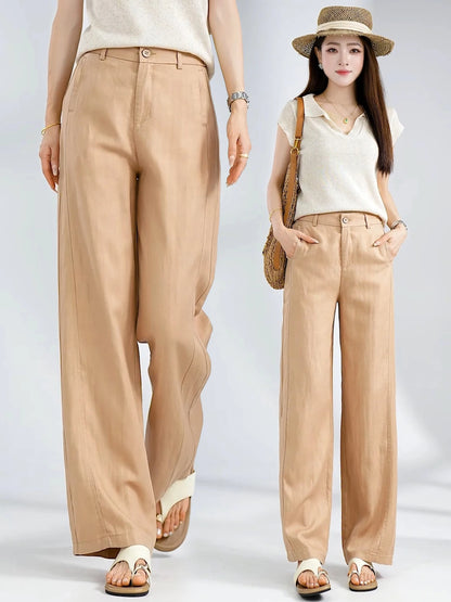 Summer Thin Linen Wide Leg Pants Women Casual Loose Drape Straight Leg  Pants High Waist Comfortable Breathable Cool