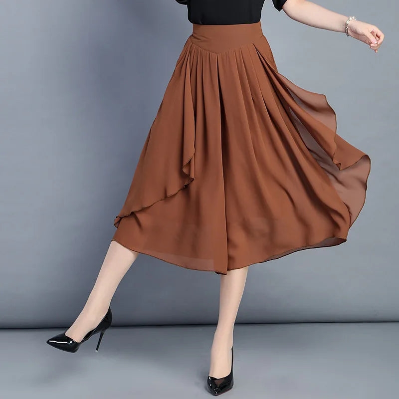 Women's Chiffon Wide-leg Pants for Spring and Summer—lightweight, High-waisted Culottes Available in Red,Green,Black,Blue,Camel.