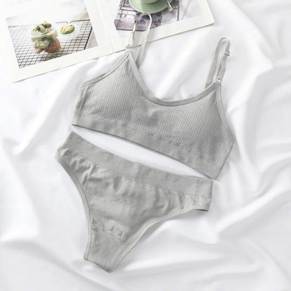 Women Seamless Bra And Panties Set Sexy Lingerie High Waist Thong Comfy Wire Free Bra Female Solid Color Ribbed Underwear Set