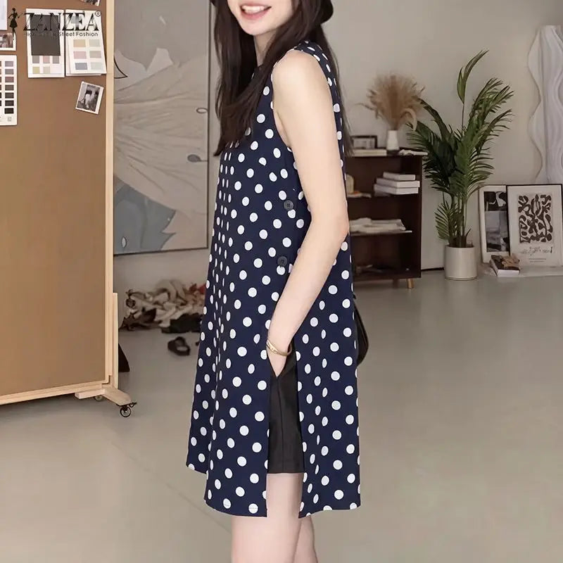 ZANZEA Women Summer Fashion Long Tank Tops Polka Dots O-Neck Sleeveless Side Slit Knee-Length Tops Casual Everyday Wear Tanks
