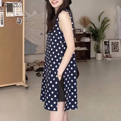 ZANZEA Women Summer Fashion Long Tank Tops Polka Dots O-Neck Sleeveless Side Slit Knee-Length Tops Casual Everyday Wear Tanks