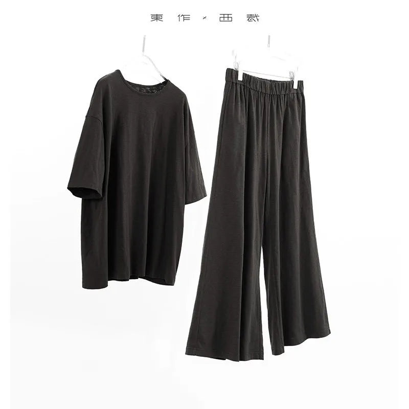 100% Slub Cotton~Women's Matching Sets Short-Sleeved T-Shirt and Flared Pants Two-Piece Loungewear Set 2026 Summer