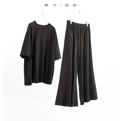 100% Slub Cotton~Women's Matching Sets Short-Sleeved T-Shirt and Flared Pants Two-Piece Loungewear Set 2026 Summer