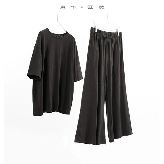 100% Slub Cotton~Women's Matching Sets Short-Sleeved T-Shirt and Flared Pants Two-Piece Loungewear Set 2026 Summer