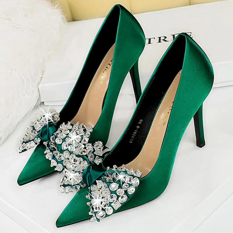 2026 Bow Knot Rhinestone Women Pumps Large Size 43 High Heels Luxury Banquet Shoes Stilettos Sexy Party Shoes Design Lady Heels