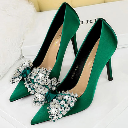 2026 Bow Knot Rhinestone Women Pumps Large Size 43 High Heels Luxury Banquet Shoes Stilettos Sexy Party Shoes Design Lady Heels
