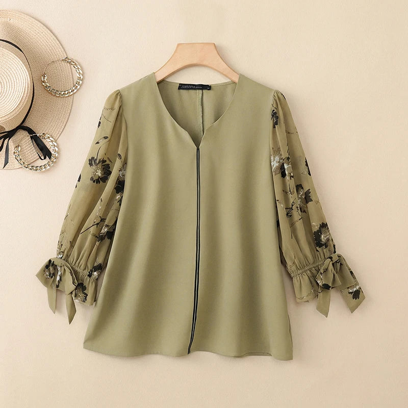ZANZEA Womens Sophisticated Elegant Blouses Floral Printed 3/4 Puff Sleeve Casual Tops Summer V-Neck Pullover Blusas de Mujer