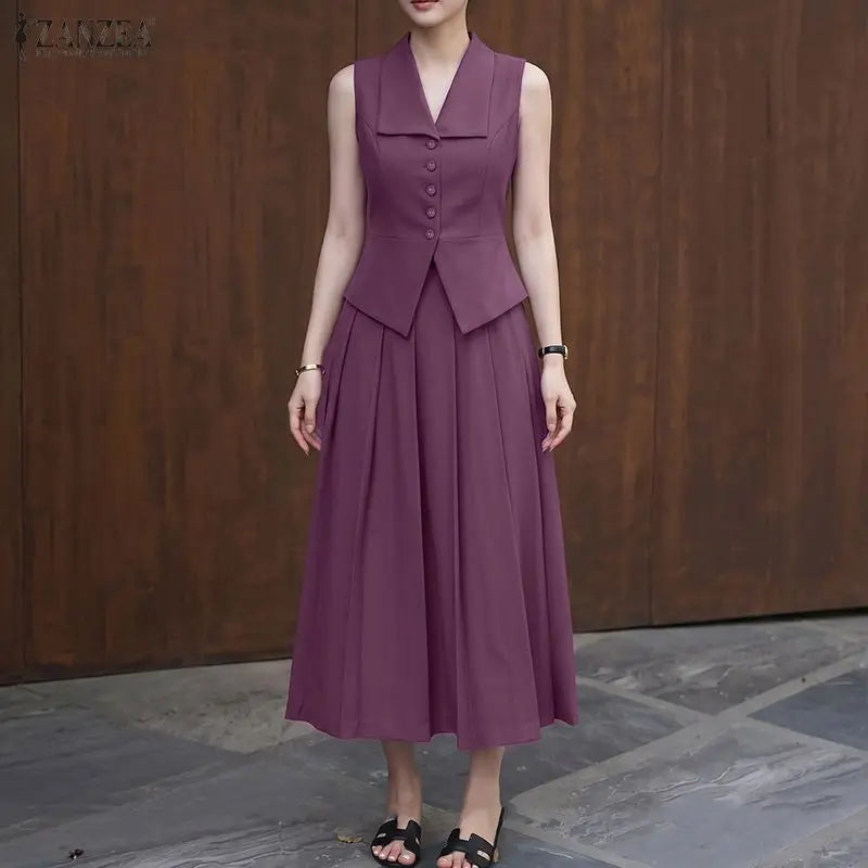 ZANZEA Women Elegant 2 Piece Matching Sets Lapel Sleeveless Vests Tops & Pleated A-Line Maxi Skirts Office Commute 2pcs Suits