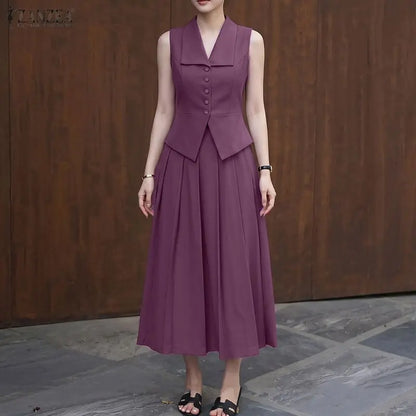 ZANZEA Women Elegant 2 Piece Matching Sets Lapel Sleeveless Vests Tops & Pleated A-Line Maxi Skirts Office Commute 2pcs Suits