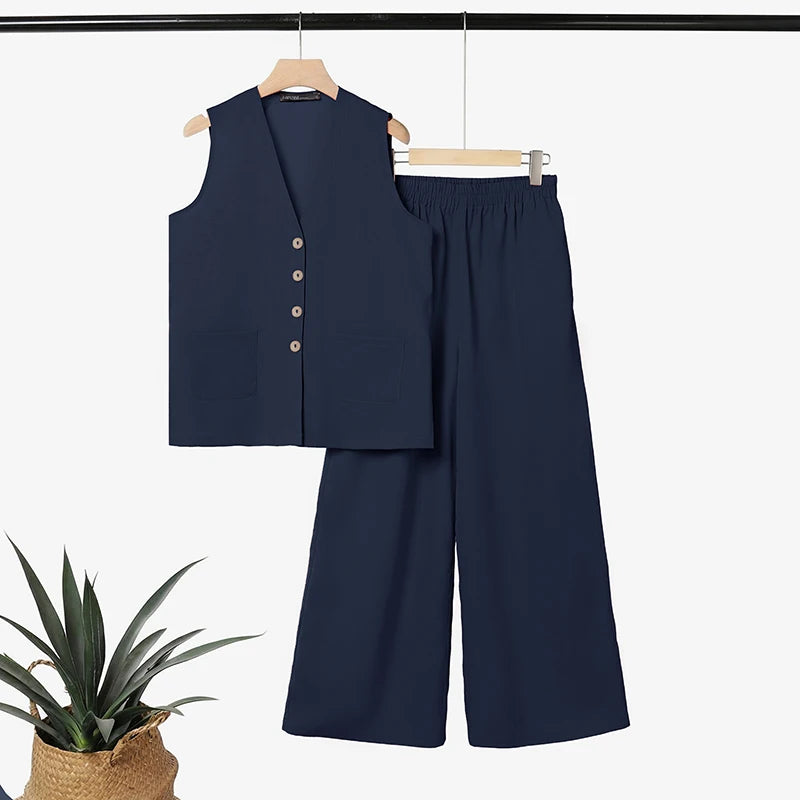 2026 ZANZEA Summer Elegant V Neck Sleeveless Tanks Tops Pant Sets Women 2 Pieces Sets Stylish Solid OL Work Outfits Tracksuit