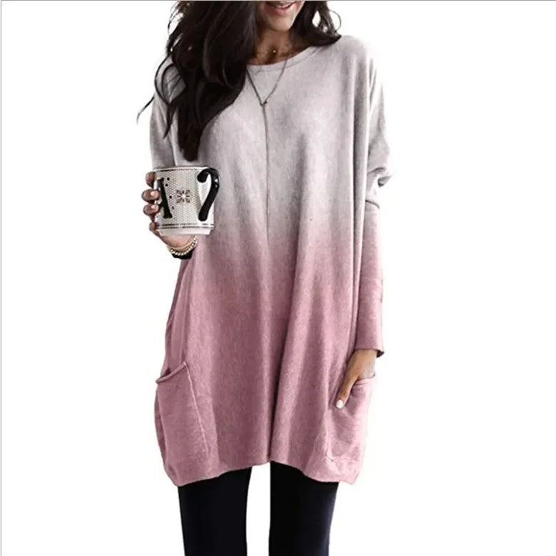 Women's Casual Long Sleeve T-Shirt with Pocket Gradient Color T-Shirt for Autumn And Winter Fashionable And Comfortable