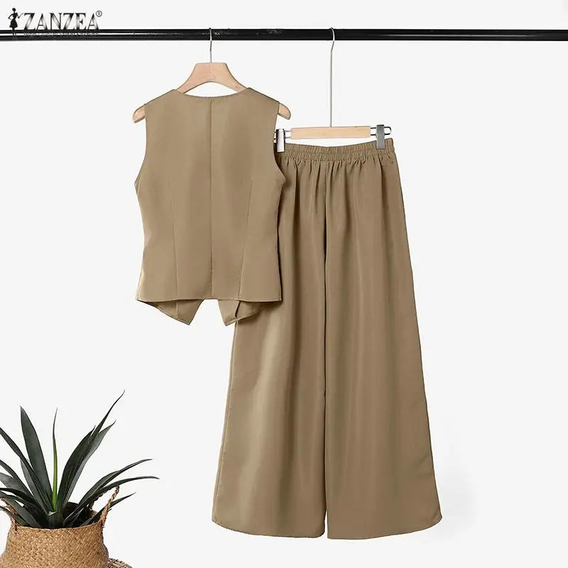 ZANZEA Women Minimalist Elegant 2 Piece Pant Sets Summer Old Money Vest & Wide Leg Pant Suits Office Commute 2pcs Sets Outfits