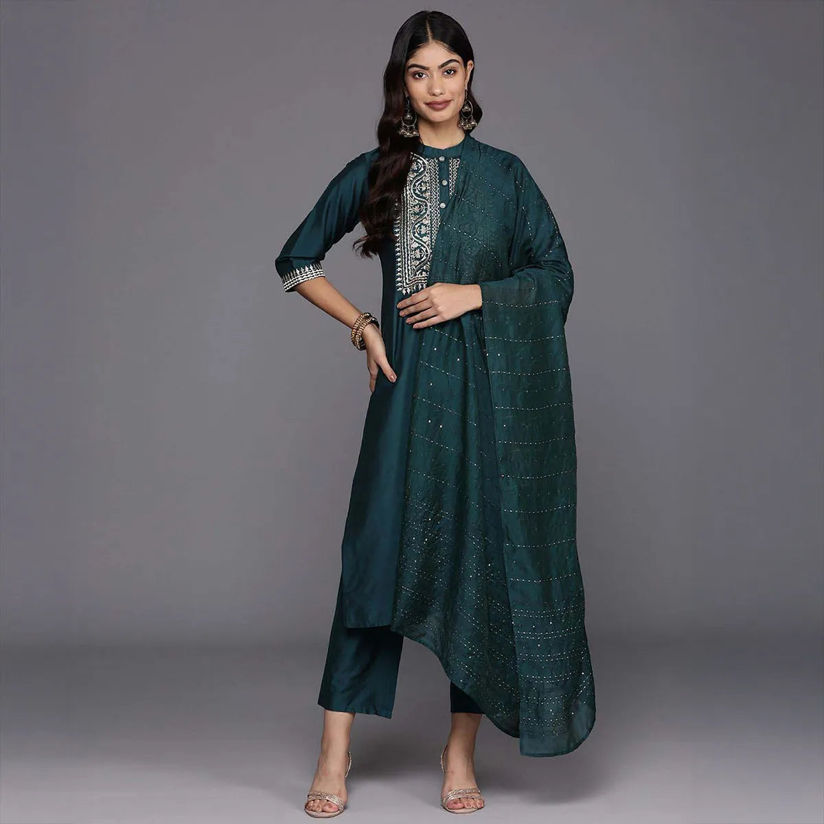 Traditional Indian Kurta 3Pcs Set with Dupatta Women Embroidered Silk Blend Pakistani Dress Elegant Dark Green Ethnic Clothing
