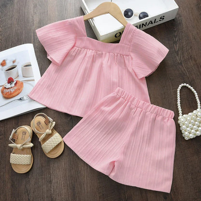 Bear Leader Version Kids Clothes Girls Summer Pink Sleeveless Printed Square Neck Top+Shorts Korean Fashion Casual 2-piece Set
