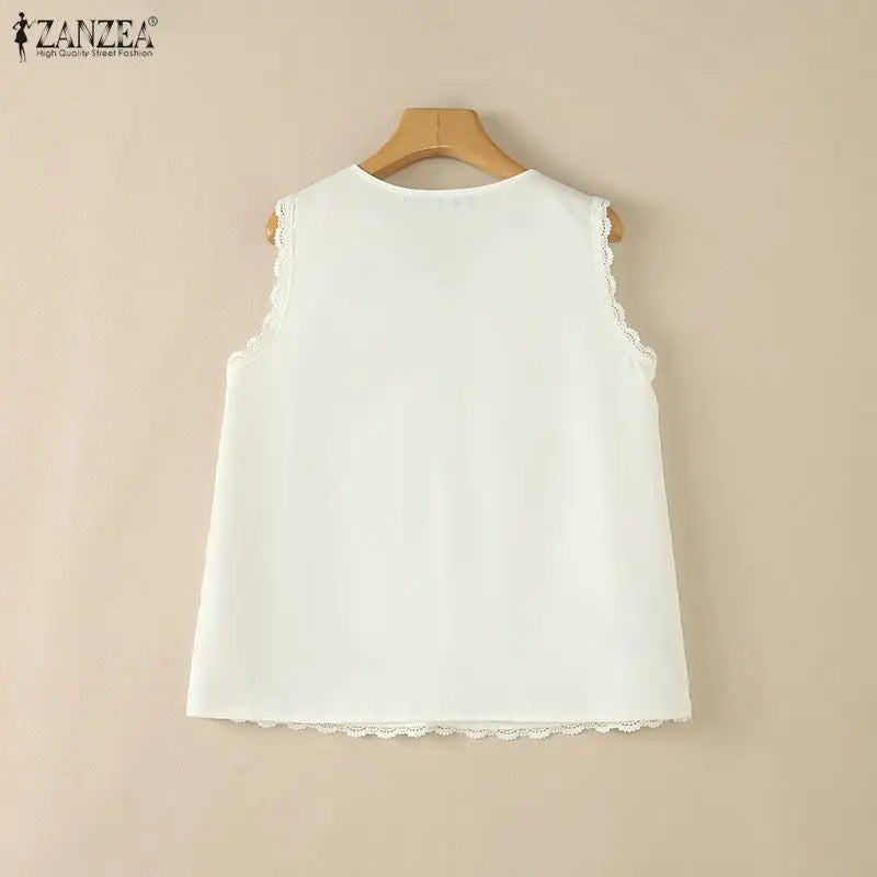 ZANZEA Woman Summer Floral Prints Tank Tops V-Neck Lace Trim A-Line Sleeveless Tops Casual Vacation Beach Blouses 2026 New