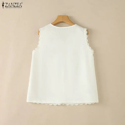 ZANZEA Woman Summer Floral Prints Tank Tops V-Neck Lace Trim A-Line Sleeveless Tops Casual Vacation Beach Blouses 2026 New