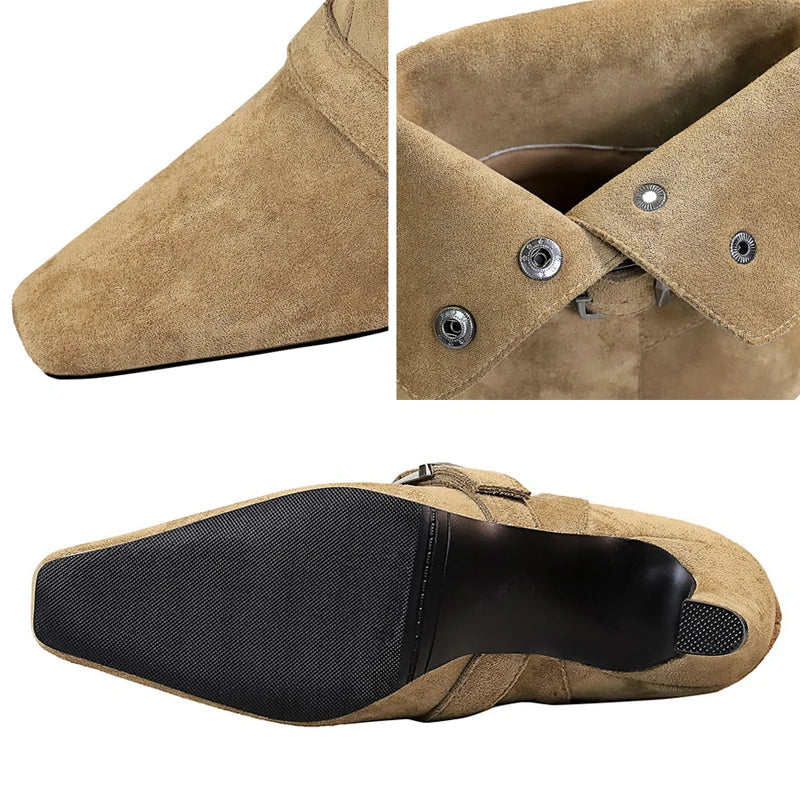 BIGTREE Shoes New Belt Buckle Design Women Boots Suede Retro Women's Ankle Boots Square Head Short Boots Middle Heel Boots