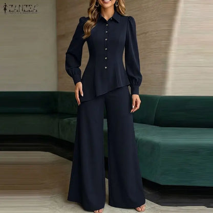 ZANZEA Women Two Piece Pants Suit Long Lantern Sleeve Asymmetrical Blouse Wide Leg Trousers Office Outfits Solid Matching Sets