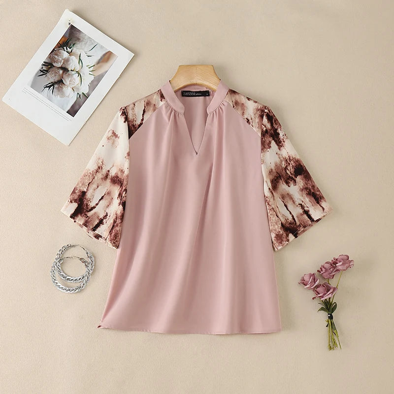 ZANZEA Elegant Blouses for Woman Patchwork Fashion Printed 3/4 Sleeve V-Neck Loose Tops Summer Daily Casual Blusas de Mujer