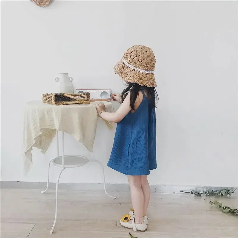 0-12M Baby Girls Summer Cotton Muslin Suspender Dress Solid Color Sleeveless Loose Casual Princess Dress For Newborn Girls