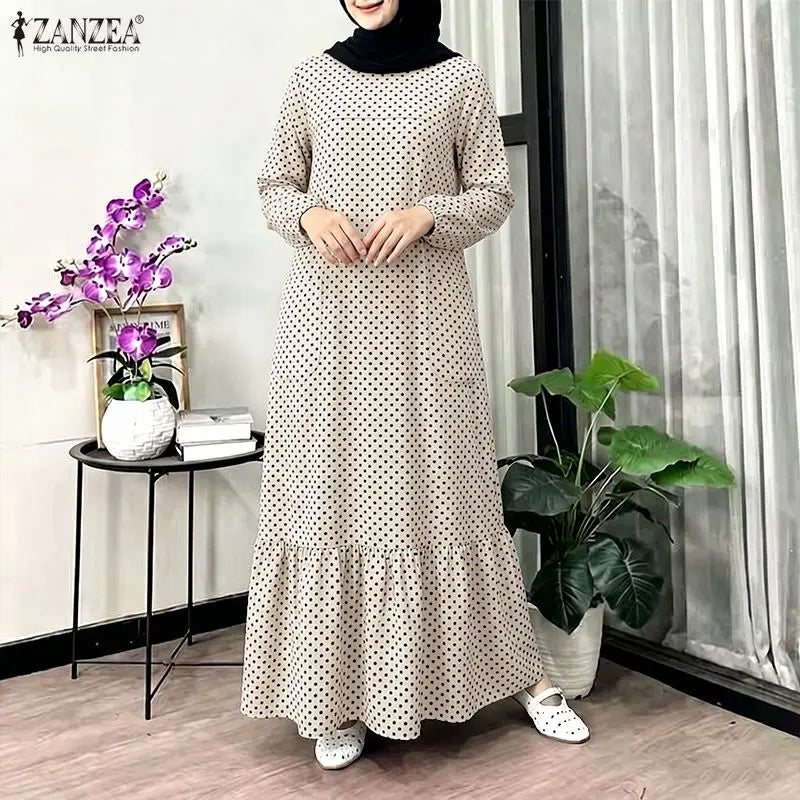 ZANZEA Casual Polka Dots Printed Women Muslim Abaya Dress O Neck Long Sleeve Sundress Dubai Robe Kaftan Bohemian Maxi Dresses