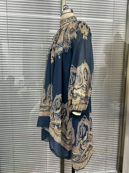New European-style High-neck Printed Chiffon Dress with Loose, Casual Vacation-themed Shawl Sleeves.