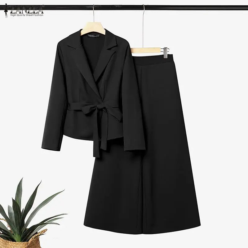 ZANZEA Women Pant Sets Elegant Office Wide Leg Pants Suit Long Sleeve Belted Solid Matching Sets Two-piece Outfits 2PCS