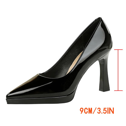 BIGTREE Shoes Platform Women Pumps Patent Leather High Heels Pointed Chunky Heels 9.5 cm Sexy Party Shoes Luxury Banquet Shoes