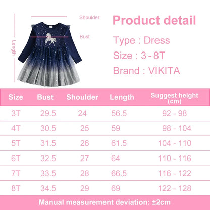 VIKITA Kids Unicorn Dresses for Girls Birthday Party Prom Gown Princess Dress Kids Long Sleeve Spring Autumn Dress Girl Clothes