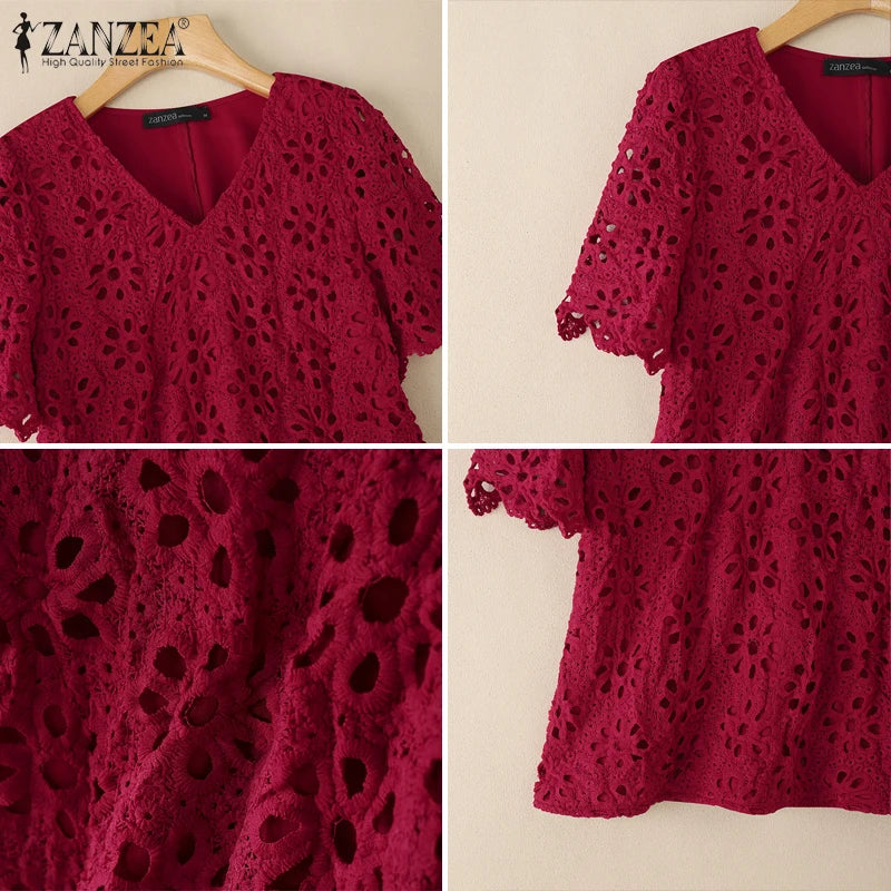 ZANZEA Summer Embroidered Eyelet Blouses for Woman Casual V-Neck Short Sleeve Hollow Out Lace Solid Blusas Mujer Daily Vacation