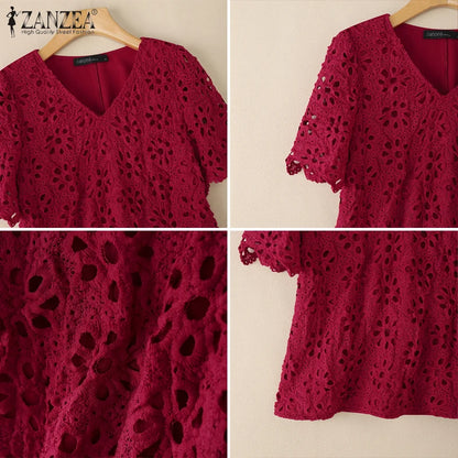 ZANZEA Summer Embroidered Eyelet Blouses for Woman Casual V-Neck Short Sleeve Hollow Out Lace Solid Blusas Mujer Daily Vacation