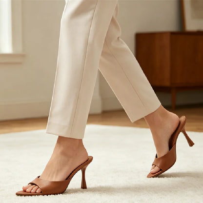 Sexy Pointed Toe Women's Slippers Summer Peep Toe Heeled Sandals for Ladies Elegant Women Shoes Luxury Designer Brown Sandals