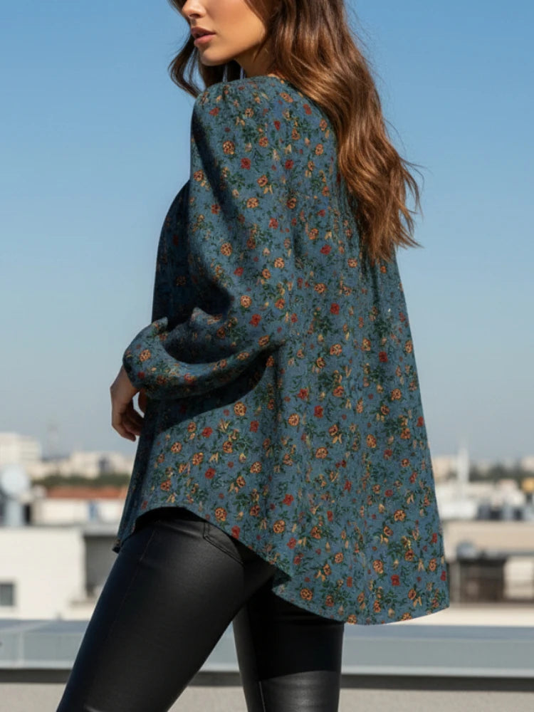 ZANZEA Women's Elegant Floral Blouses Autumn Cotton Linen Long Puff Sleeve O-Neck Gathered Loose Tops Casual Daily Woman Clothes