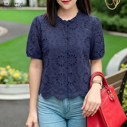 ZANZEA Woman Summer Embroidered Eyelet Cropped Shirts Elegant Ruffled Trim O-Neck Puff Short Sleeve Button Up Blouses Casual Top