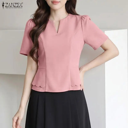 ZANZEA Women Elegant Layered Detail Blouses Summer Short Sleeve V-Neck Cinch Waist Solid Color Tops Day to Night Blusas Mujer