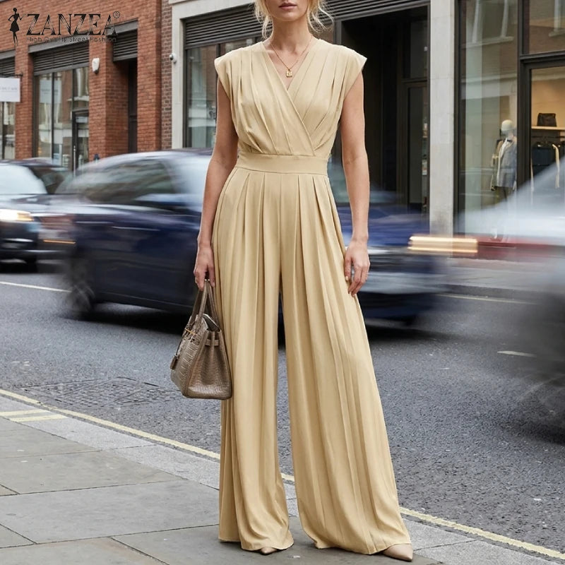 ZANZEA Women V-Neck Sleeveless Jumpsuits Street Fashion Inverted Pleats Wide Leg Pant Overalls Minimalist Commute Work Playsuits