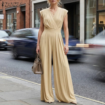 ZANZEA Women V-Neck Sleeveless Jumpsuits Street Fashion Inverted Pleats Wide Leg Pant Overalls Minimalist Commute Work Playsuits