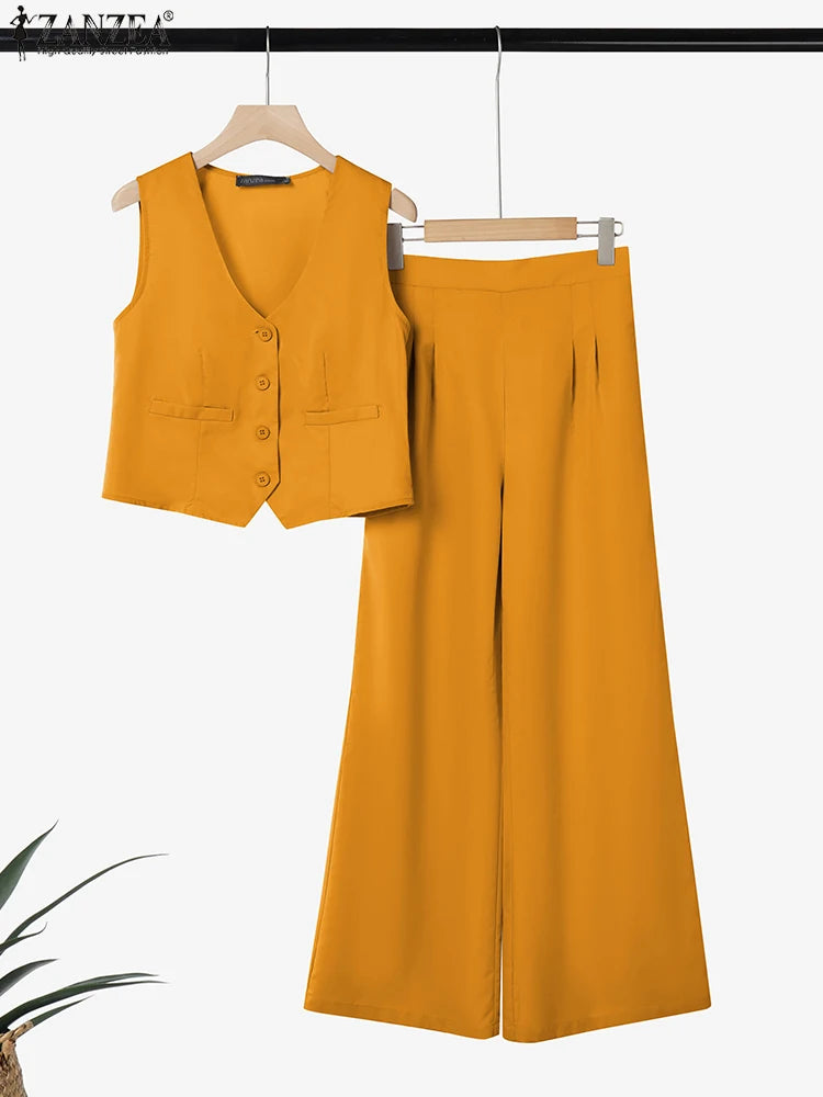 ZANZEA Street Fashion Women 2 Pieces Sets Elegant Vest Tops Wide Leg Pants 2pcs Suits Outfit Office Lady Solid Color Pant Sets