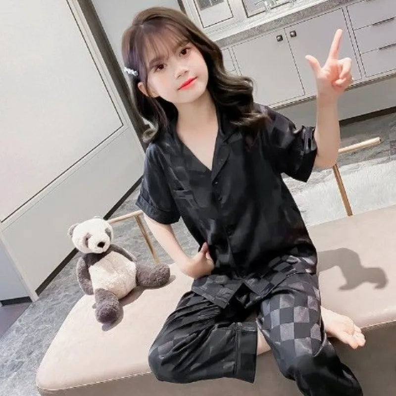 Girls Summer Ice Silk Pajamas Set Short Sleeve Princess Style Cooling Homewear for Kids