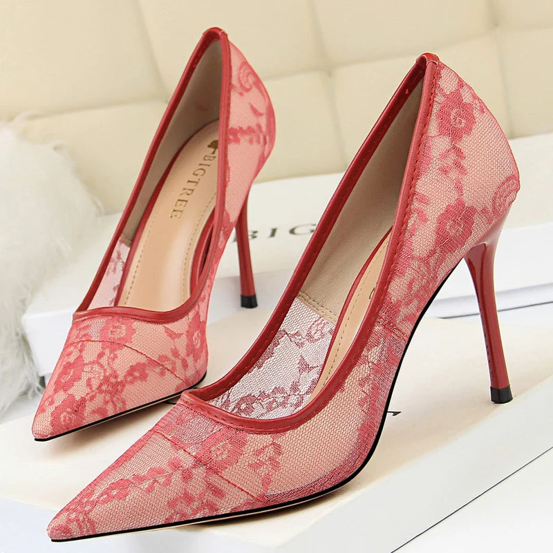 BIGTREE Shoes Mesh Hollow Lace Women Pumps Sexy Party Shoes High Heels Wedding Shoes Lace Stiletto Heels 9 cm Ladies Shoes 2026