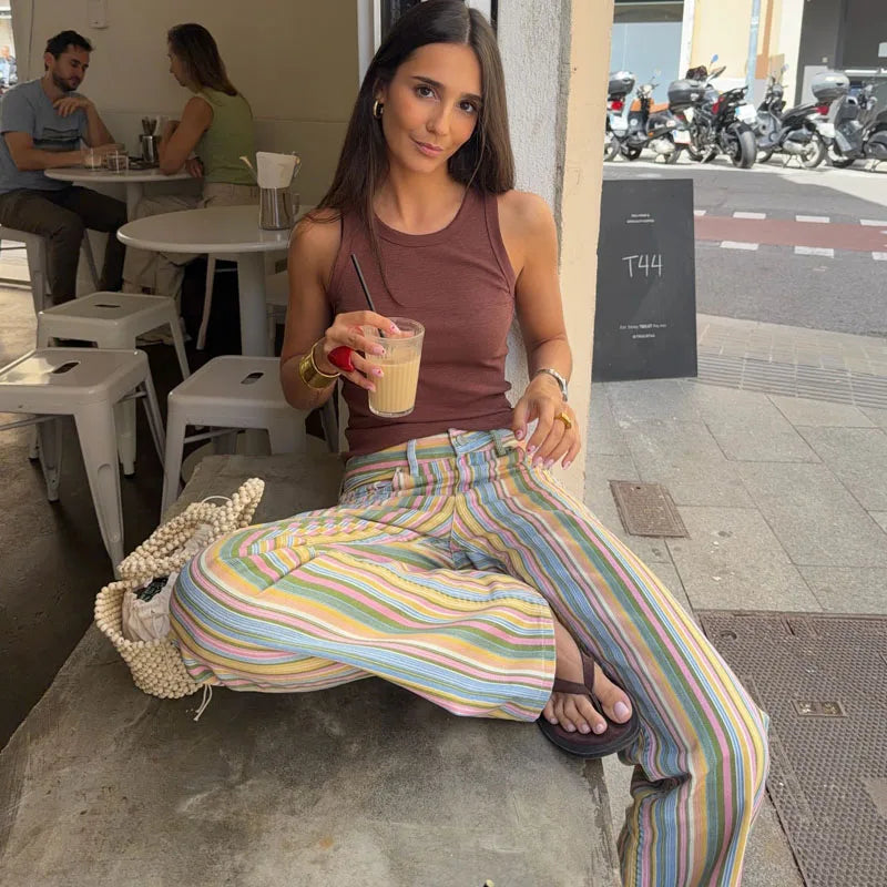 HXAO Striped Jeans For Woman Summer Low Landing Jeans Wide Leg Straight Baggy Denim Pants Chic Casual Streetwear Long Trousers
