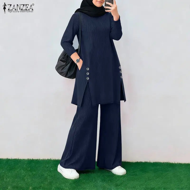 Ramadan Outfit 2026 ZANZEA Fashion Muslim Suit Women 2 Piece Sets Full Sleeve Long Tops Wide Leg Pant Sets Dubai Hijab Tracksuit