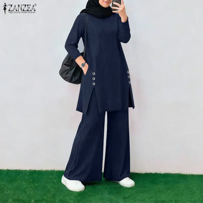 Ramadan Outfit 2026 ZANZEA Fashion Muslim Suit Women 2 Piece Sets Full Sleeve Long Tops Wide Leg Pant Sets Dubai Hijab Tracksuit