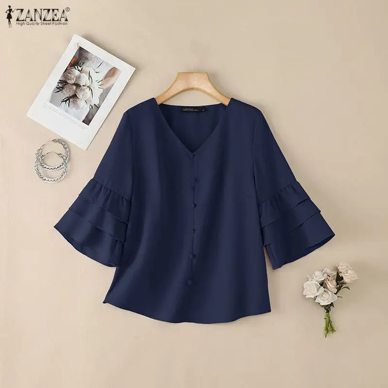 ZANZEA Woman Casual Blouses Elegant V-Neck 3/4 Layered Ruffle Sleeves Solid Color Tops 2026 Summer Everyday Wear Work Blusas