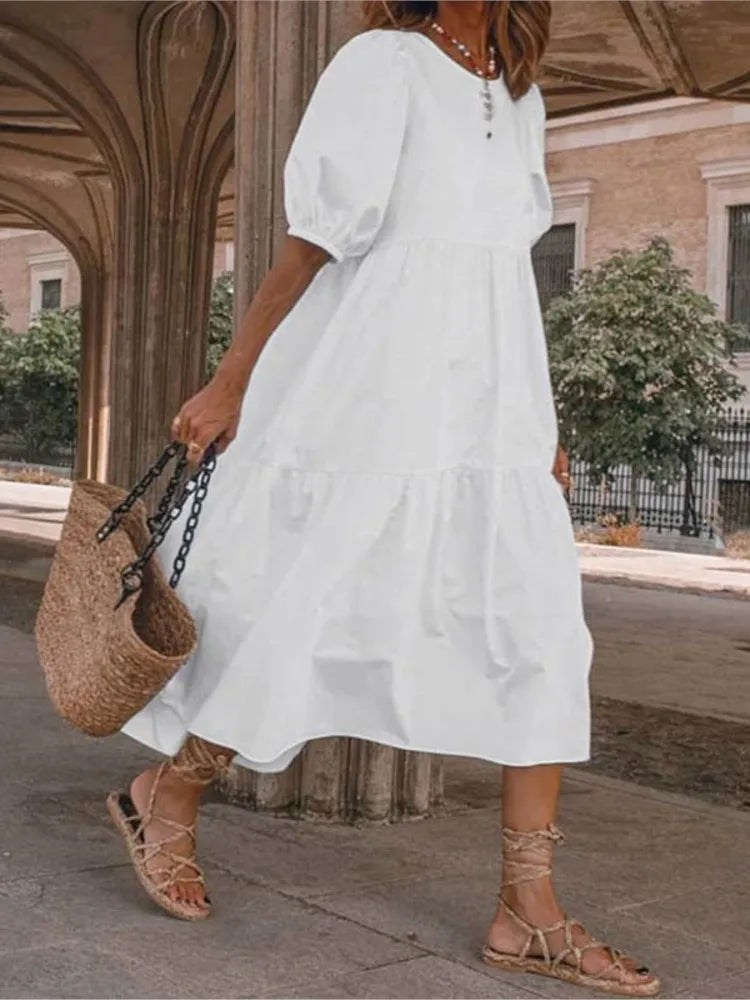 Summer New Solid Color Short Sleeved Loose For Women's Dresses Fashion Casual Patchwork Retro Beach Holiday Maxi Female Sundress