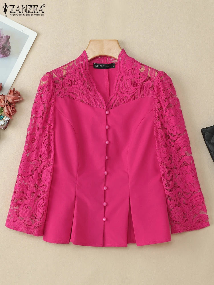 ZANZEA Elegant Womens Lace Patchwork Sheer Shirts Fashion 3/4 Sleeve Cinch-Waist Slim Fit Blouses 2025 Summer Blusas Streetwear