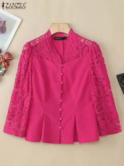 ZANZEA Elegant Womens Lace Patchwork Sheer Shirts Fashion 3/4 Sleeve Cinch-Waist Slim Fit Blouses 2025 Summer Blusas Streetwear
